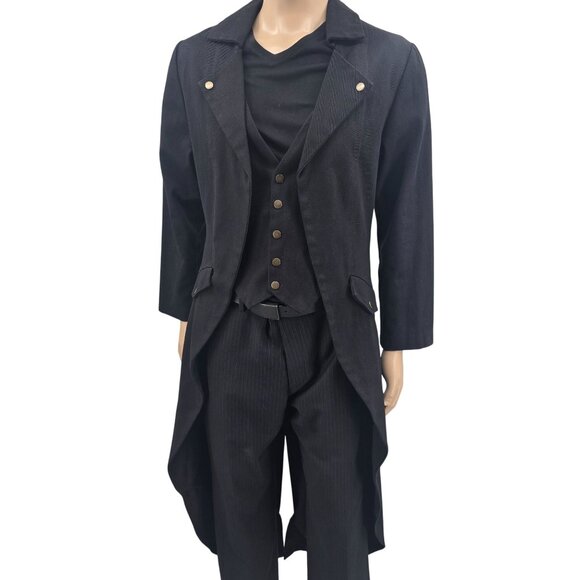 Mens Black Canvas Tailcoat Gothic Victorian Style Jacket Brass Button, Large - Picture 8 of 8